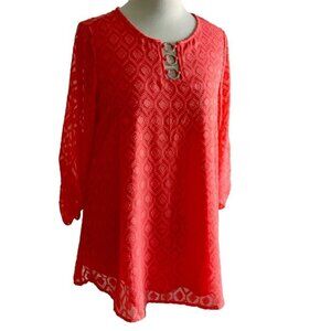 New Directions ruched sleeve lined solid coral diamond pattern tunic top small